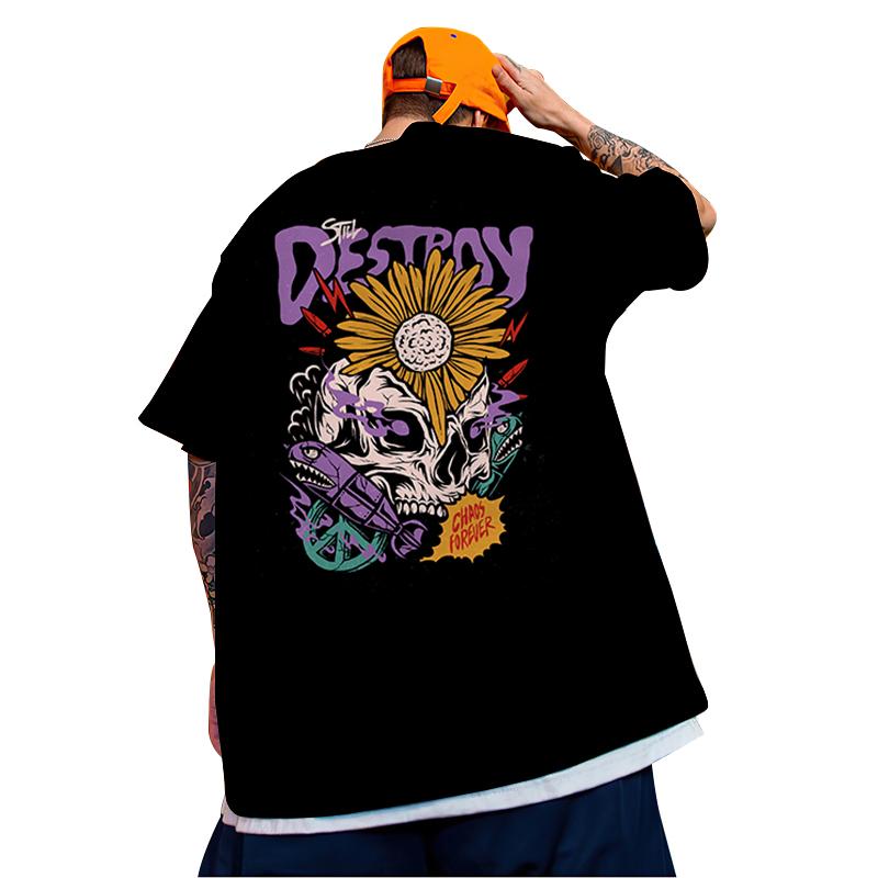 Büyük Boy Kısa Kollu Tişört Kafatası Baskılı Tişört Kore Hip Hop Üst Moda Erkek Tişörtü Yazlık Örgü Rahat Erkek Giyim