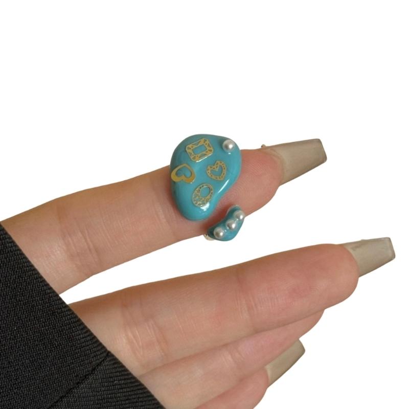 Artistic Dopamine Enamel Adjustable Ring In Haze Blue With Drip Oil Effect For Women Fashion Jewelry Gift