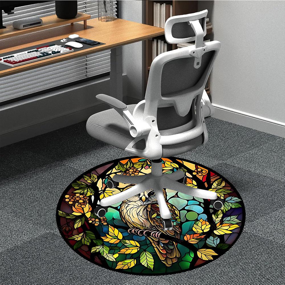 1pc Stained Glass Owl Chair Carpet for Office, Round Polyester Mat, Indoor Decor for Office, Easycare Fabric, Washable Non-slip Area Carpet