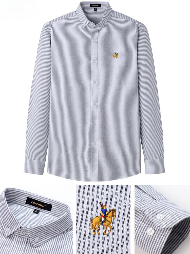 European and American Style Men's Spring Autumn Top Solid Long Sleeve T-shirt Embroidered Turn Down Collar Cotton Shirt