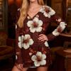 Women's Fashionable Casual Long-Sleeved Retro Print V-Neck Mid-Length Top