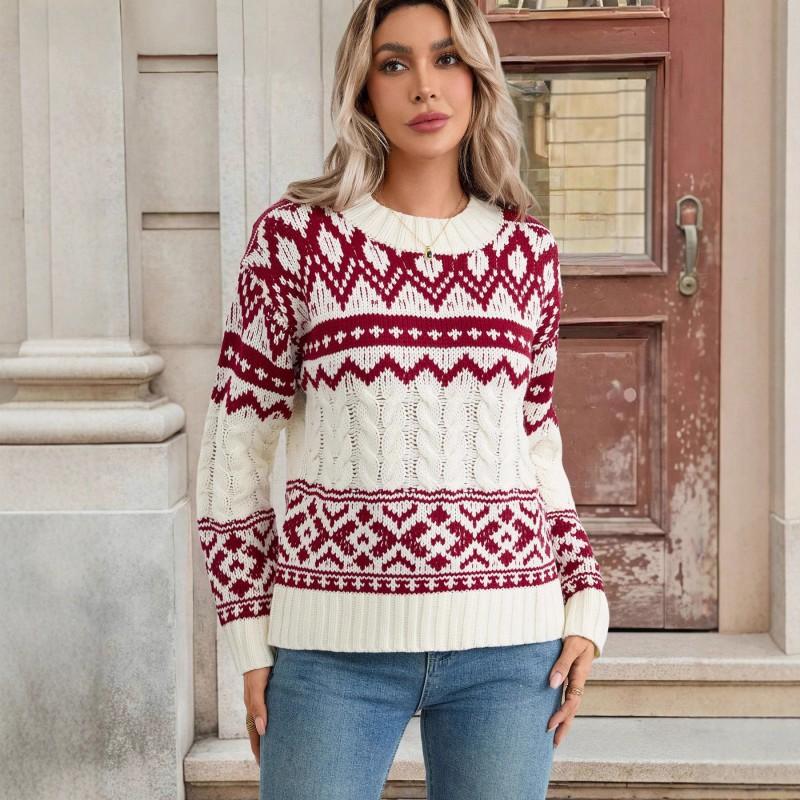 Womens Oversized Knit Sweater With Geometric Round Neck Long Sleeve Pullover Winter Holiday Season