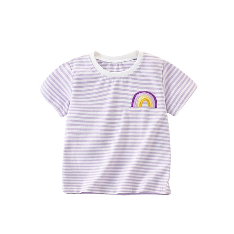Girls' Purple Short-Sleeved T-Shirt Baby Rainbow Striped Half-Sleeved Pure Cotton T-Shirt Small Kidsren's Summer Round Neck Top 8