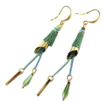 [Q0724] - Golden Green 'Boho' Designer Earrings - 60x7 Mm