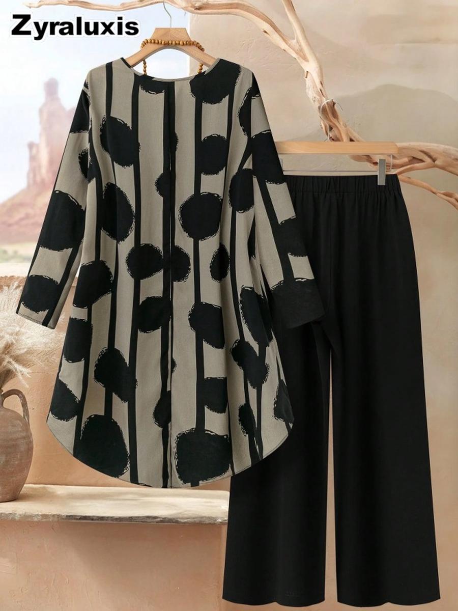Plus Size Loose Women s Casual Set with Various Prints S чёрный
