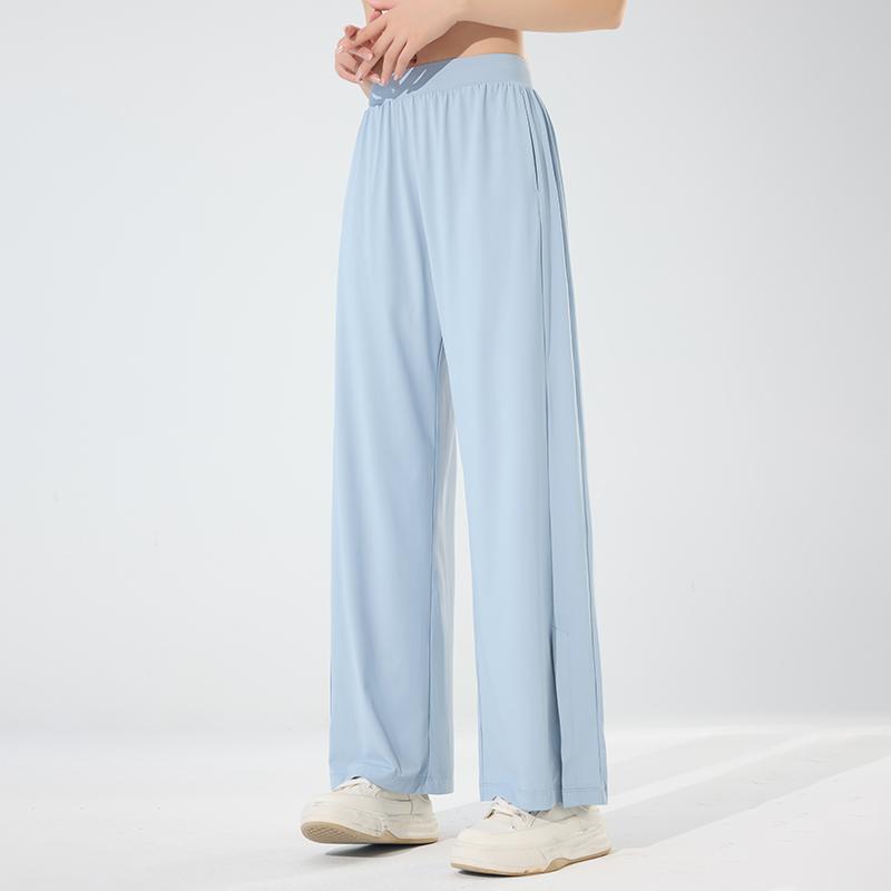 Ice Silk Women's New Summer Casual Pants Women's Thin Sports Breathable Slit Wide Leg Pants with Hanging Feeling
