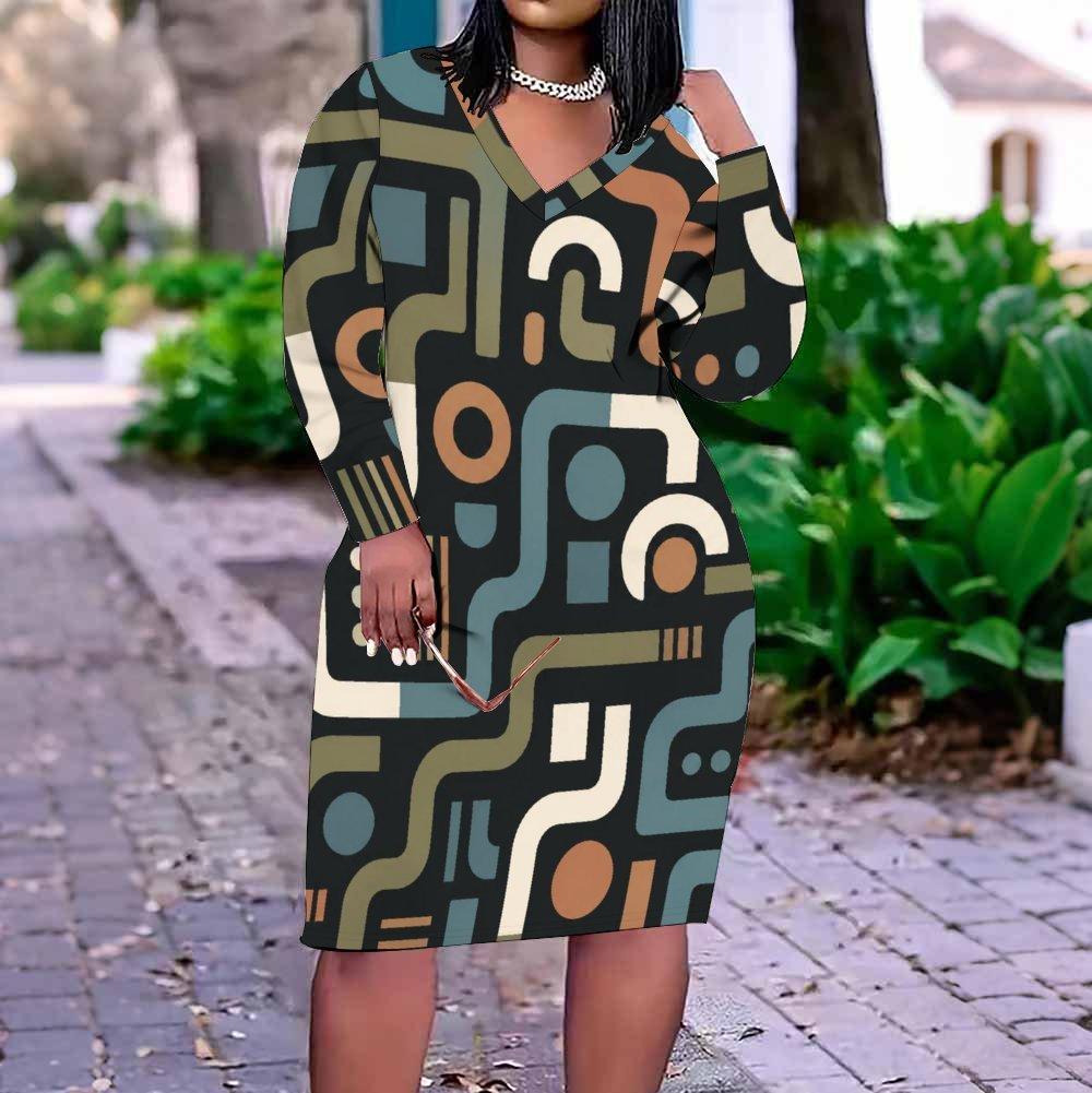 Women Plus Size V Neck Long Sleeve Abstract Printed Fitted Straight Dress
