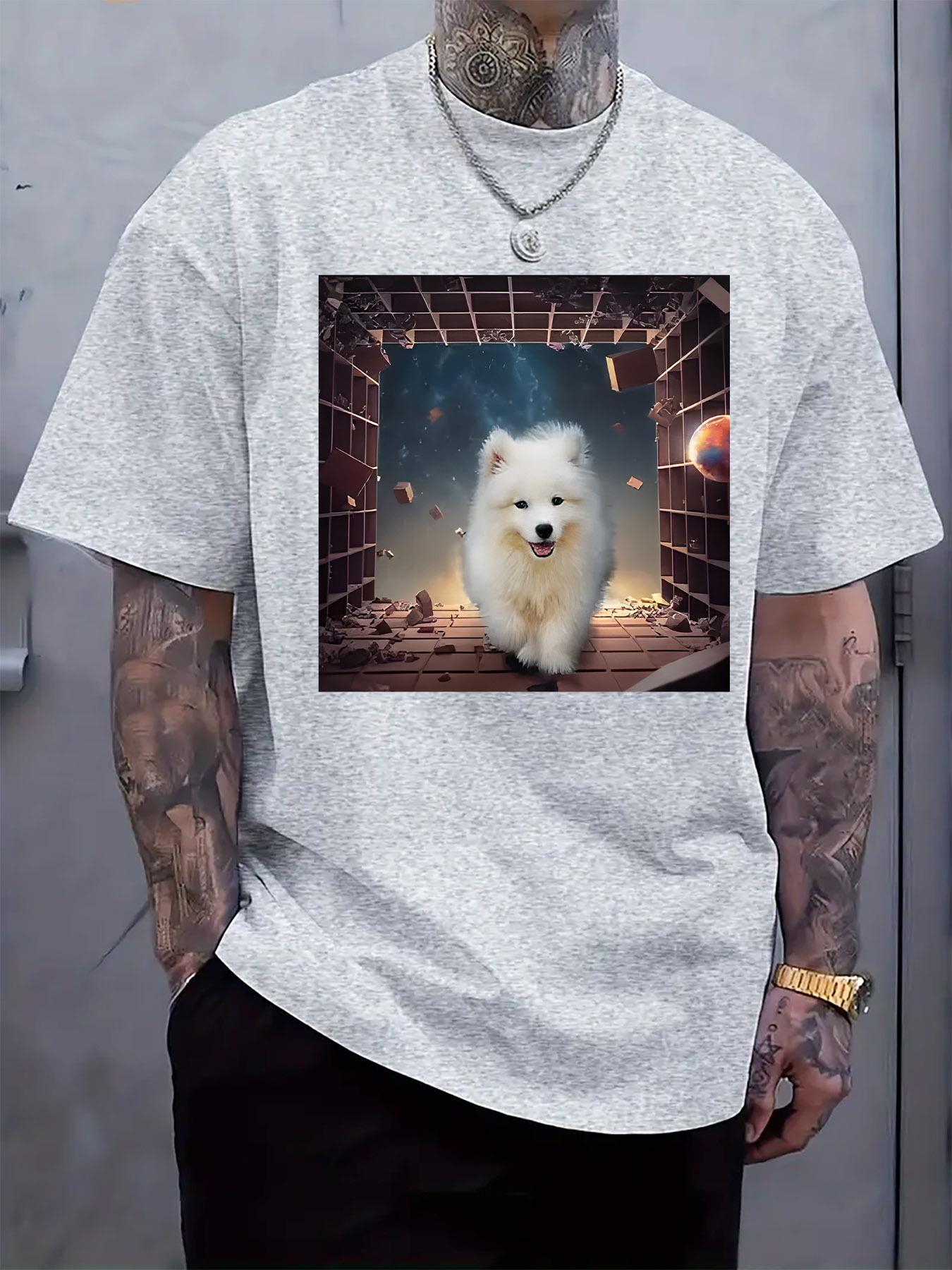 Space Exploring Samoyed Print T-shirt - Casual Crew Neck S