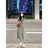 New Thin Niche Design Gray Casual T-shirt Dress Summer Women's Open-ended Long Dress