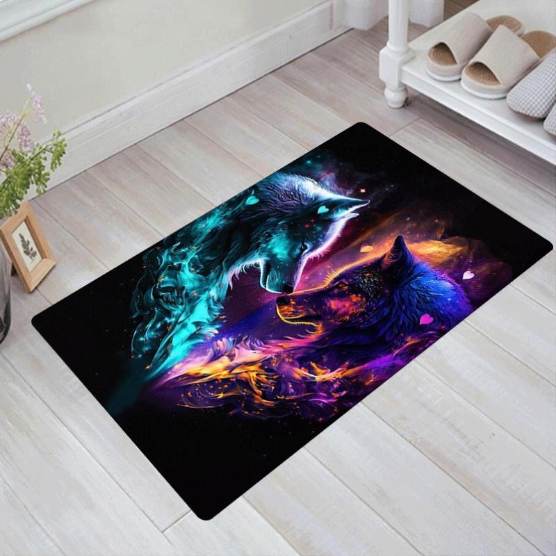 2D Flat Cosmic Aurora Two Wolves Mystical Flannel Area Rug Non Slip Spirit Animal Art Carpet For Living Room Bedroom Floor Decor