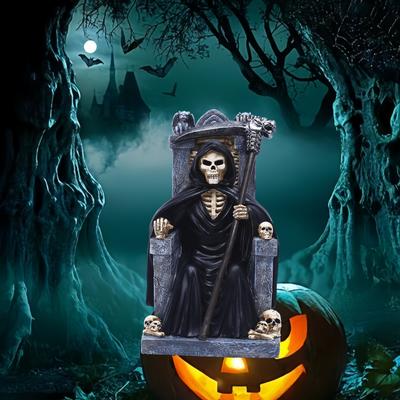Death God Statue Halloween Decoration Resin Skeleton Throne Figurine Halloween Home Party Horror Skull Head Table Ornament Gift