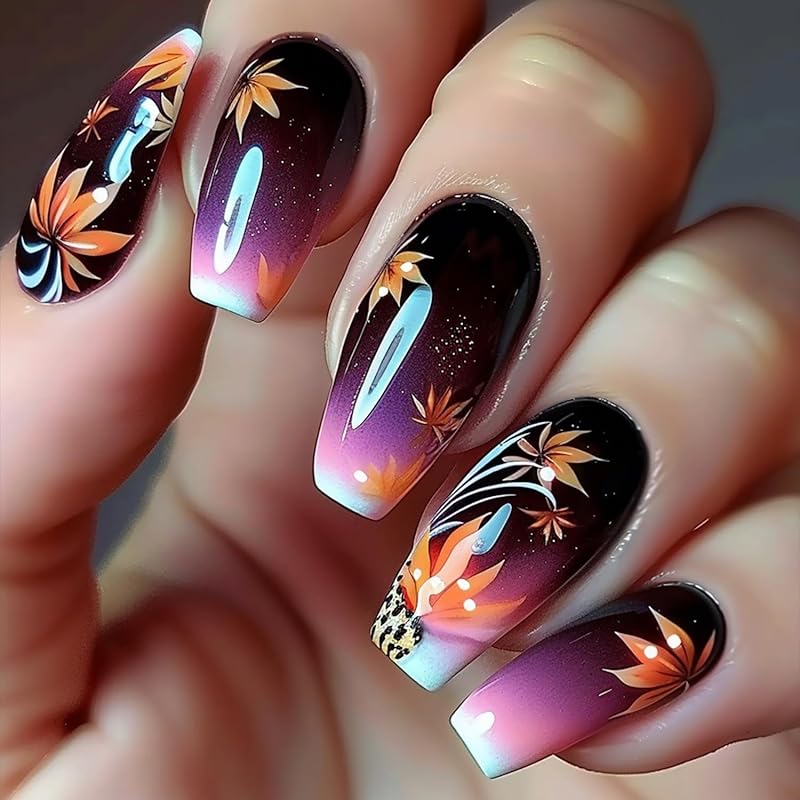 Fall Maple Leaf False Nail Thanksgiving Press On Nails Almond Shaped Medium Autumn Acrylic Artificial Fingernails Full Cover Glossy Thanksgiving
