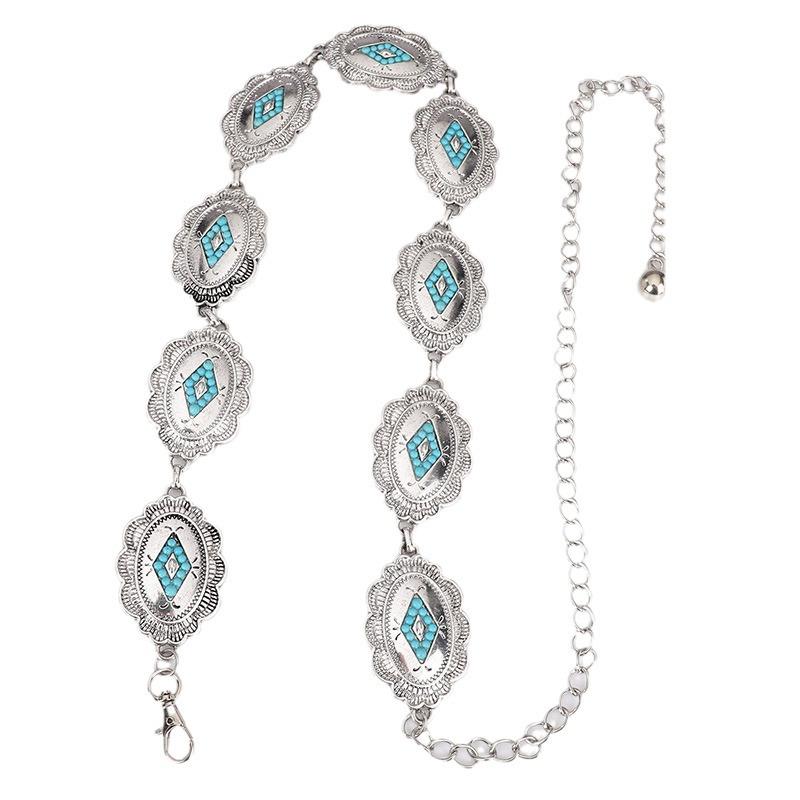 High-end Women's Waist Chain Inlaid with Old Retro Boho Waist Chain Turquoise Metal Waist Chain