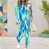 Women Plus Size Patchwork Printed Round Neck Long Sleeve Cuffed Top And Pants With Pockets Two Piece Set