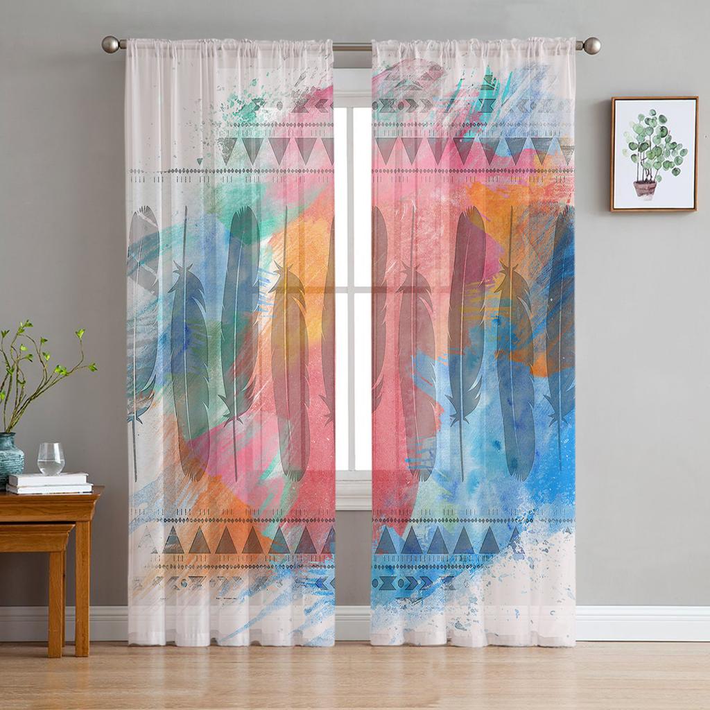 Peacock Feathers Green Tulle Sheer Window Curtains for Living Room Kitchen Children Bedroom Voile Hanging Curtain