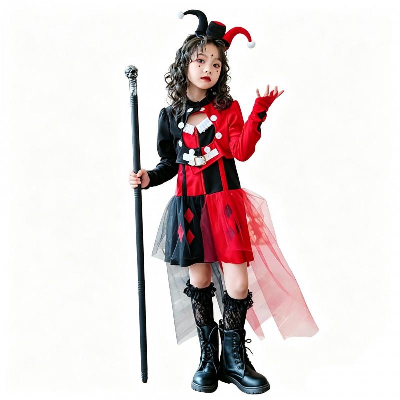 Halloween Kids Costume Girls Circus Clown Harley Quinn Dress Set With Headband Jacket Skirt