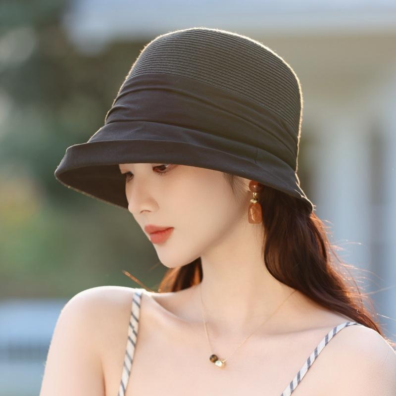 Elegant Straw Splicing Sunshade Bucket Hat Women Travel Beach Straw Hat Outdoor Sun Hat