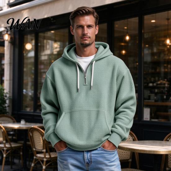 Easy Wear Versatile Outerwear Men Waffle Texture Sweatshirt, Loose Fit Long Sleeve Pullover Tops with Oversized Knit Sweatshirt for Front Pocket,
