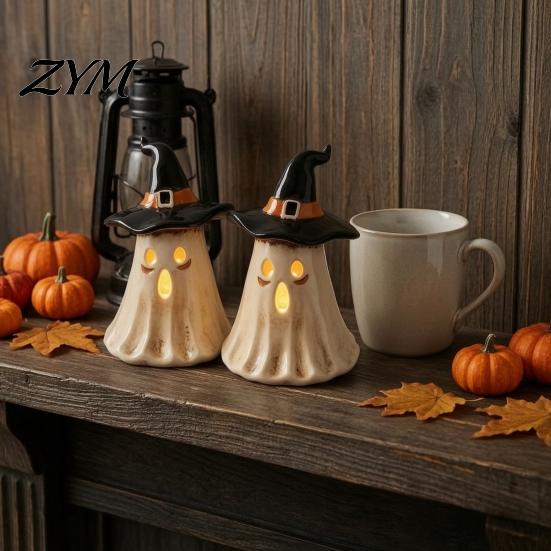 Fall Indoor Home Decorations Witch Hat Ghost Tealight Candle Holder, Vintage Resin Halloween Tabletop Decor Cozy Party Supplies with Warm Glow