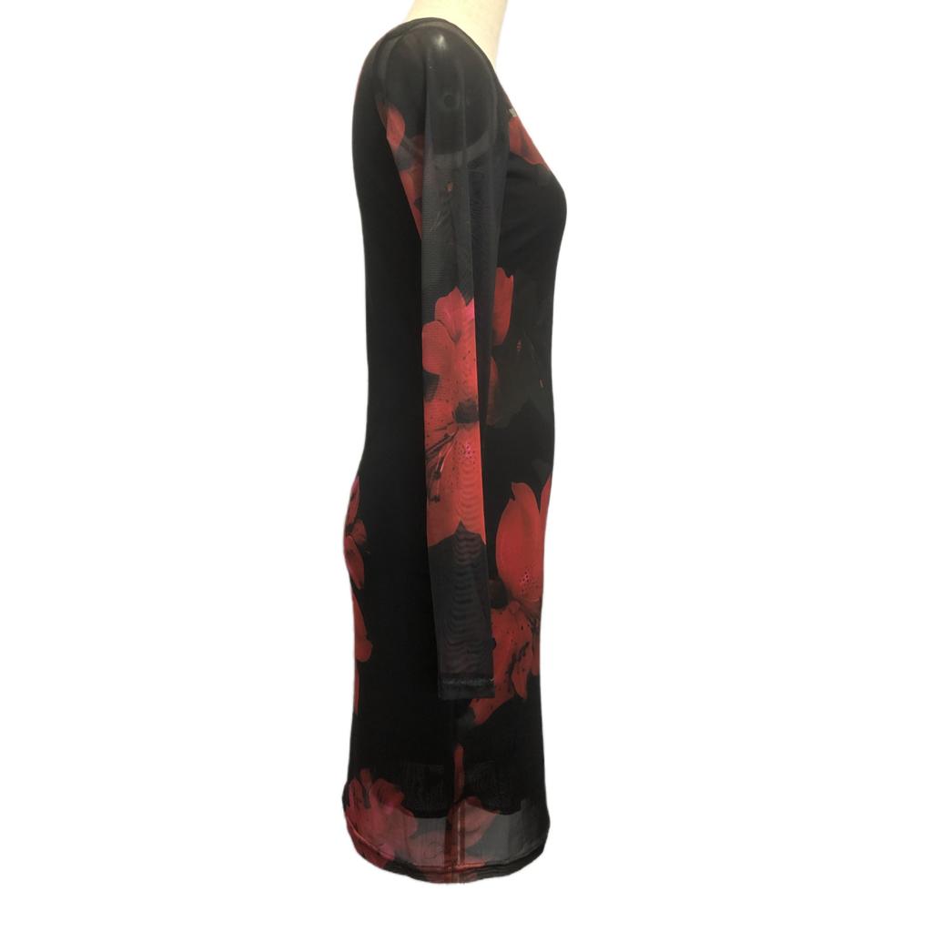 Women Evening Party Long Sleeve O Neck Mesh Flower Printed Package Hip One Piece Dress