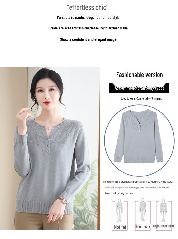 Mom's Stylish Spring/Autumn Wool Knit Top for Middle-Aged and Elderly Women