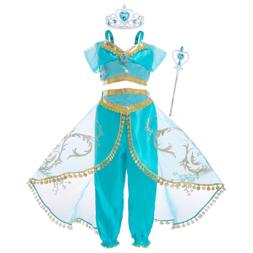 Jasmine Aladdin Child Dress 8-10 Years 140cm Cotton Polyester Green Halloween Carnival Christmas Party Costume