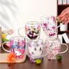 350ml Double Wall Espresso Coffee Cup Handle Flower Pattern Creative Transparent Hot Iced Beverage Beer Whisky Wine Glass Mug