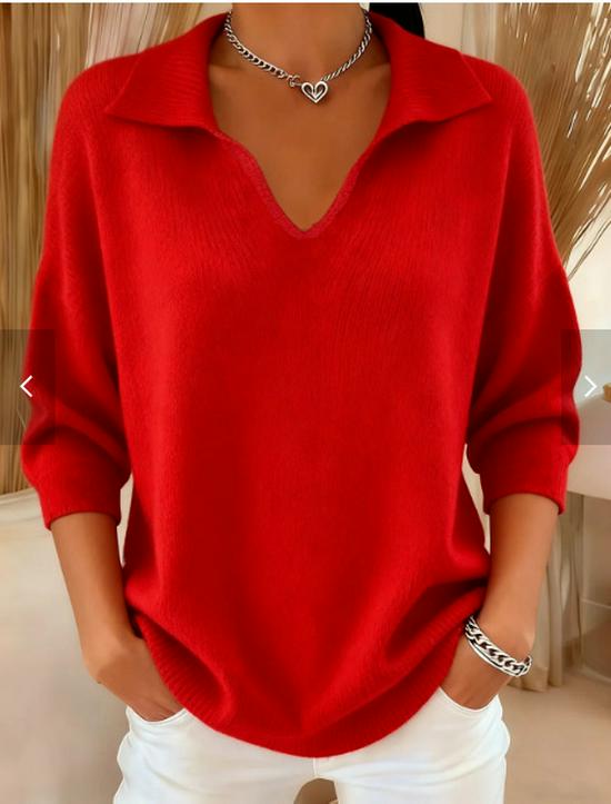 European & American Loose V-Neck Lapel Knit Sweater - Women's Solid Color Pullover for Spring and Autumn