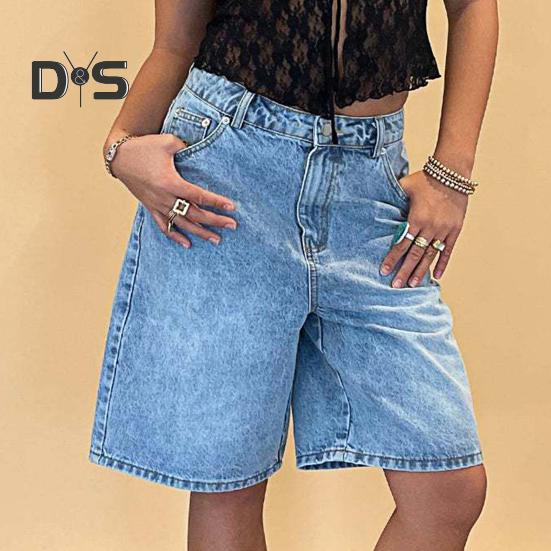 Dámské džínové šortky ke kolenům s kapsami Střední pas Volné džínové bermudy Rovná nohavice Džínové krátké kalhoty