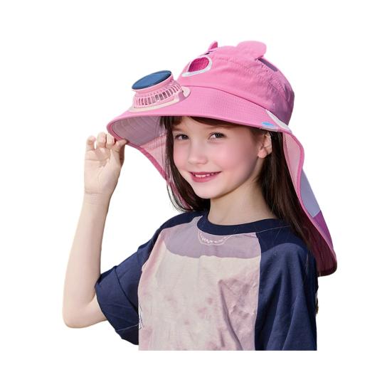 Kids Hat with Solar USB Powered Fan Cartoon Styling Shawl Design Adjustable Outdoor Hiking Cycling Fishing Cap