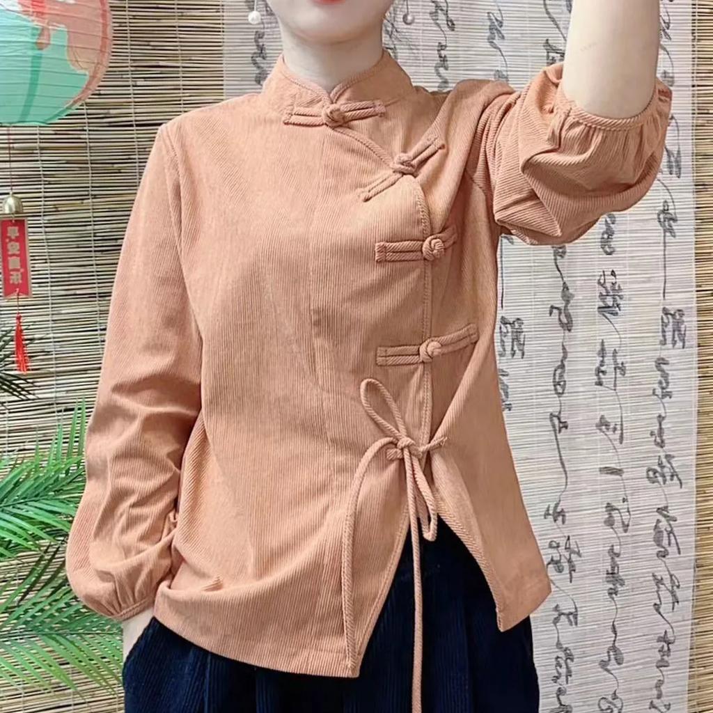Women's Vintage Corduroy Shirt with Slanted Collar In Solid Color Chinese Literary Style Top