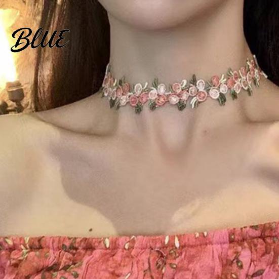 Adjustable Choker Necklace Boho Embroidered Floral Retro Pink Flower Vintage