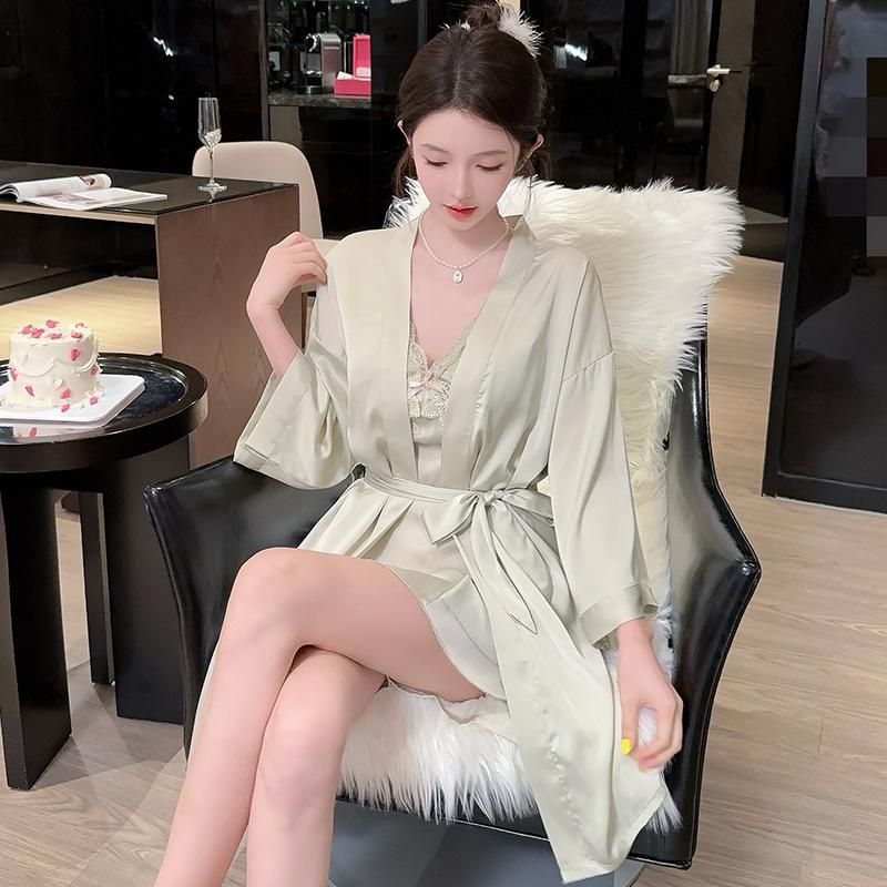 Ice Silk Women's Sexy Nightgown & Camisole Robe Set – High-End, Beautiful Back, with Chest Pads, for Spring and Autumn Homewear