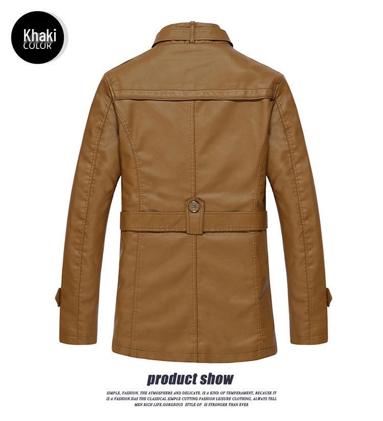 Men's Autumn/Winter Slim Stand-Up Collar Mid-Length PU Leather Motorcycle Jacket with Fur Trim