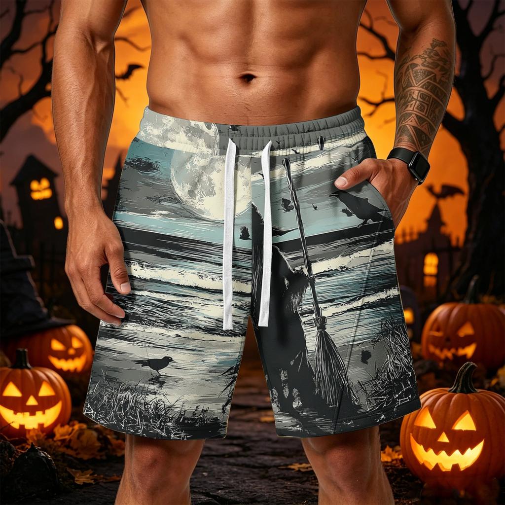 Men's Halloween Loose Fit Shorts with Pockets Drawstring Waistband Athletic Printed Shorts for Casual Sportswear