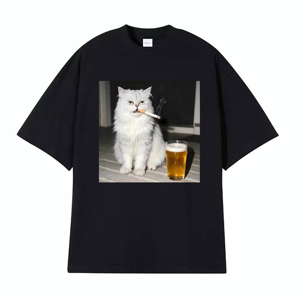 Funny Persian Cat Smoking and Drinking Beer Vintage Tshirts Mens Women Casual Cotton T Shirt Fashion Cool Short Sleeve Tshirt
