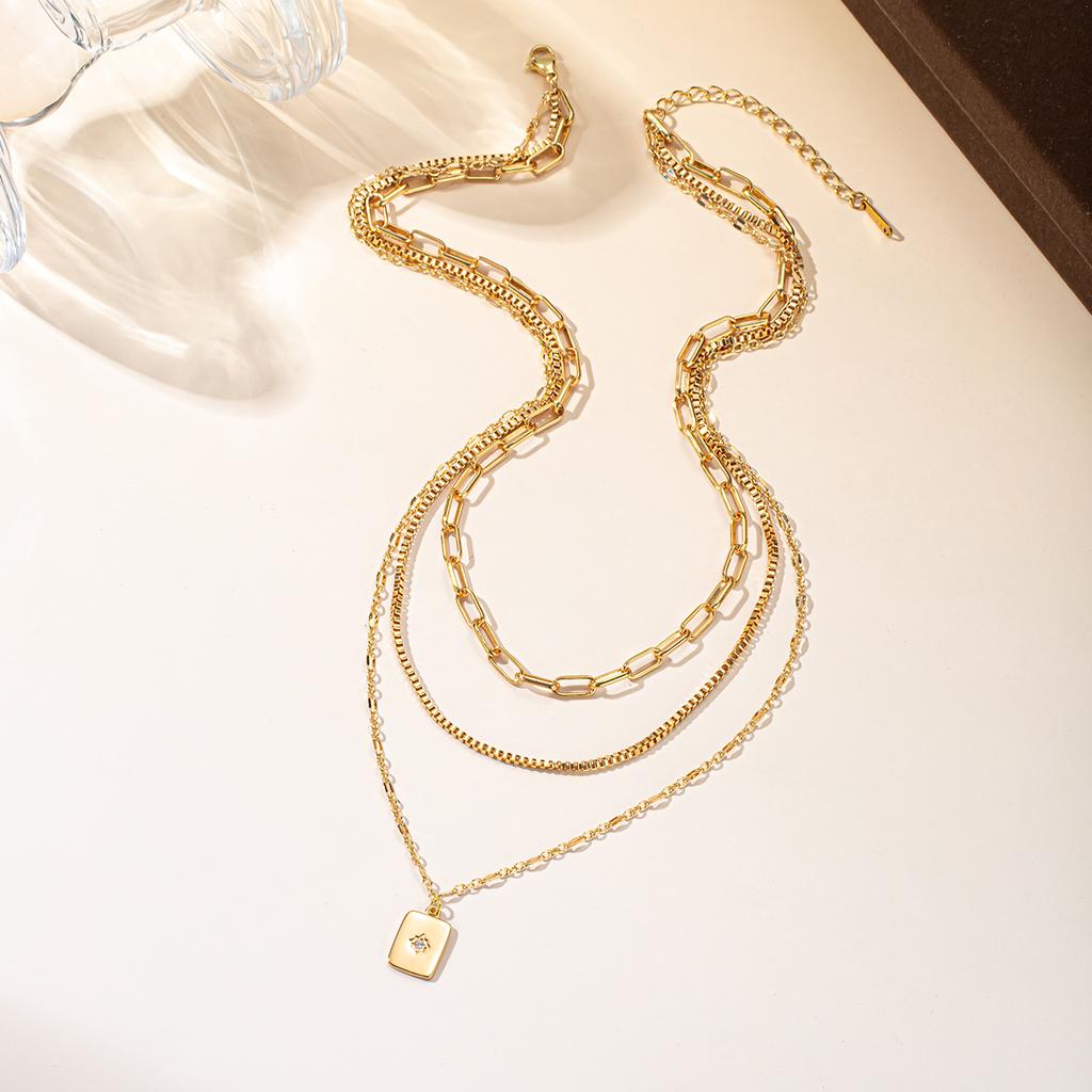 Gold Plated 3 Layered Necklace For Women Dainty Square Pendant Zircon Choker Necklaces Stackable Layering Chain Jewelry Gift