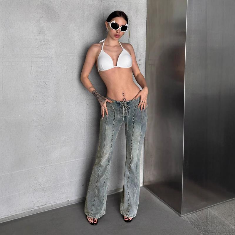 

2026 Retro Rivet Lace-Up Mid-Waist Slim Straight Sexy Hot Girl Jeans for Women XS