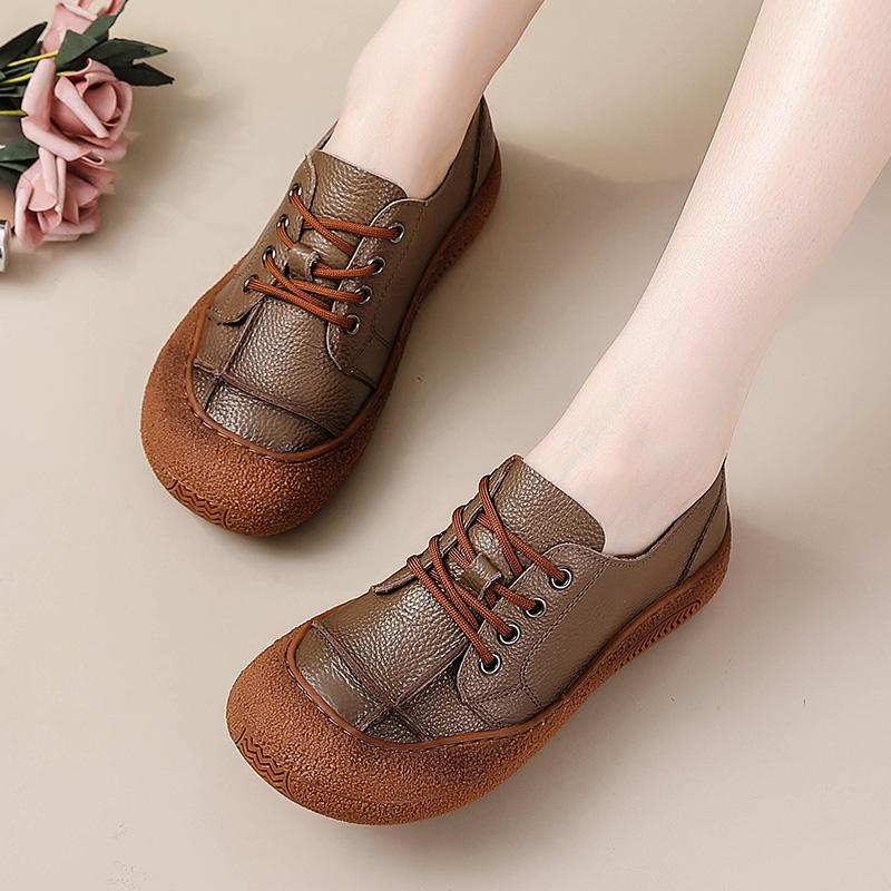Fashion New Retro Anti Collision Oxfords Flats Women's Genuine Leather Walking Shoes Woman Laced Up Non Slip Soft Casual Moccasins Nurse