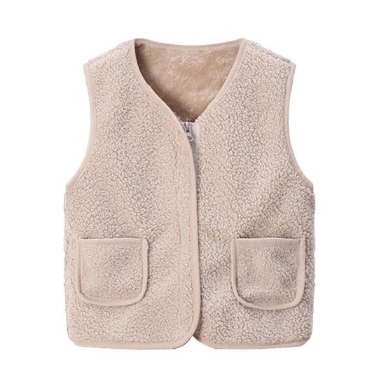 Barn Fleece Vest Ermløs Jakke Ensfarget V-hals Glidelåsvest med Lommer Varm Vinter Plysjvest for Gutter Jenter