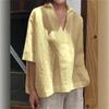 2026 Spring/Summer V-neck Cotton Linen Loose Mid-Sleeve Solid Women's Shirt
