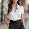 Chemise unie satinée à manches courtes pour femme Style commuting haut de gamme drapé chemise professionnelle