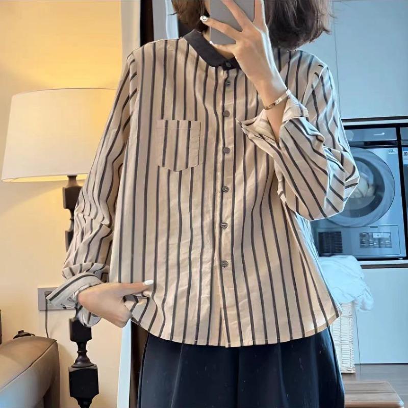 Contrast Striped Lapel Spliced Shirt Autumn New Fashion Retro Evergrande Long Sleeve Women's