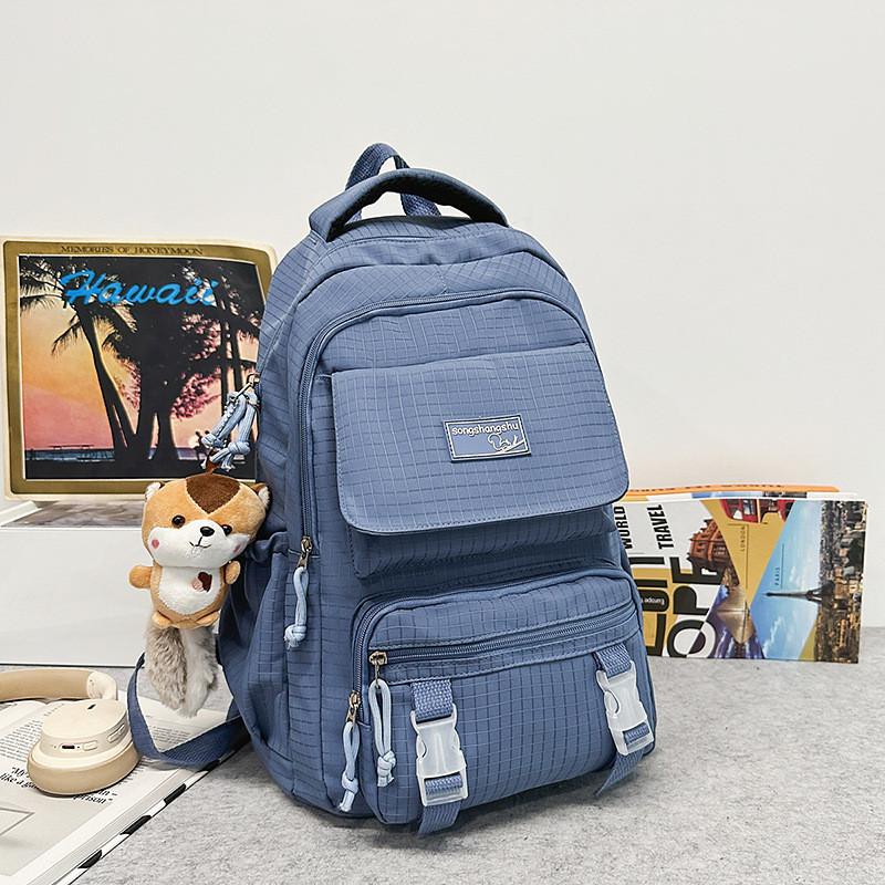Simple Color Solid Checkered Texture Student Backpack With Pendant Plush