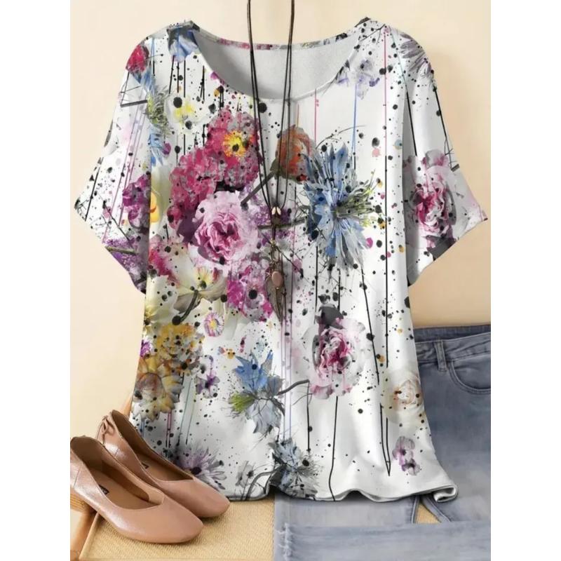 

Fashion Women s Flower Short Sleeve Crew Neck Short Sleeve Crew Neck T-Shirt 3D Flower Color Printing Flower Short Sleeve XS