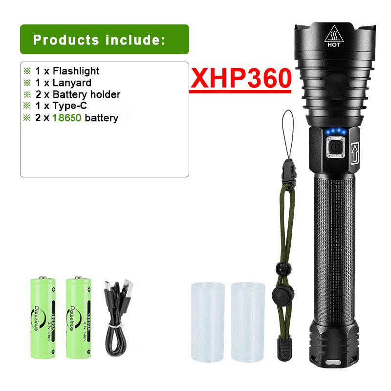 

Фонарик 100000LM XHP360 Фонарь с функцией самозащиты Масштабируемый фонарь Водонепроницаемый фонарик с длинными ремешками Портативный фонарик B-18650 battery, Type-C