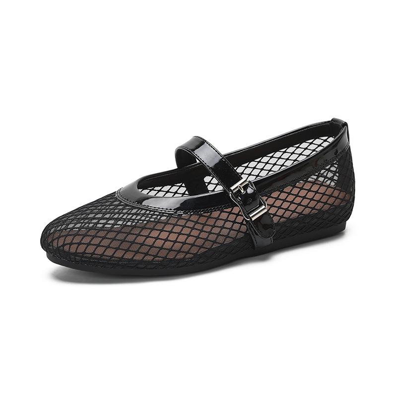 Fashion Grid Air Mesh Flat Ballets Shoes Ladies Barefoot Lace Mary Janes Women Buckle Strap Loafers Breathable Cut-Out Mocasines Mujer