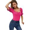 Damen einfarbig Puffärmel V-Ausschnitt tailliertes Slim T-Shirt