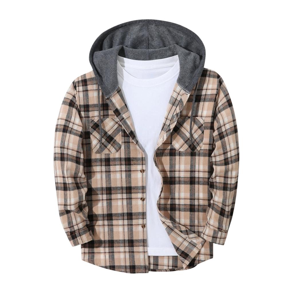 Men's Flannel Plaid Button-Up Shirt Jacket with Hood for Casual Outdoor Wear