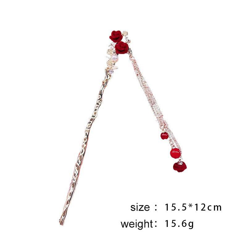 Retro Roter Haarstab Chinesischer Stil Hanfu Quaste Frauen Blumen Essstäbchen Legierung Haarnadel Frau Schmuck Haarspange Accessoires